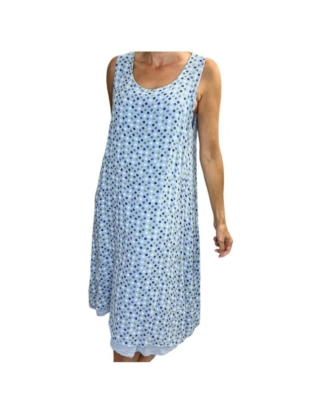FROCELLA made in Italy pure cotton blue polka dot a line sleeveless midi dress